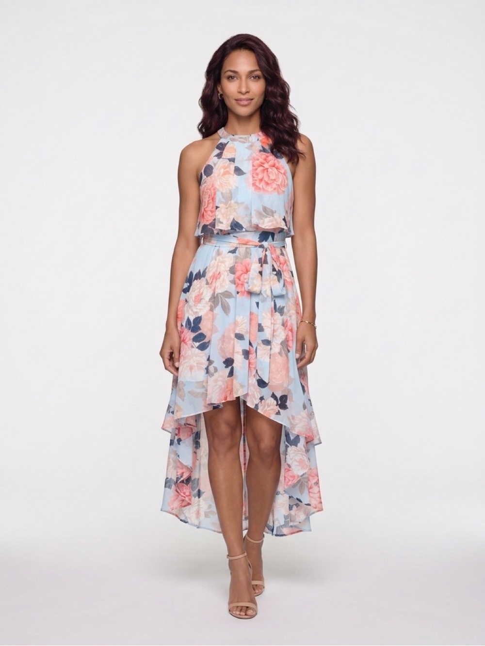 Eliza J Light Blue and Coral Floral Asymmetrical Halter Dress